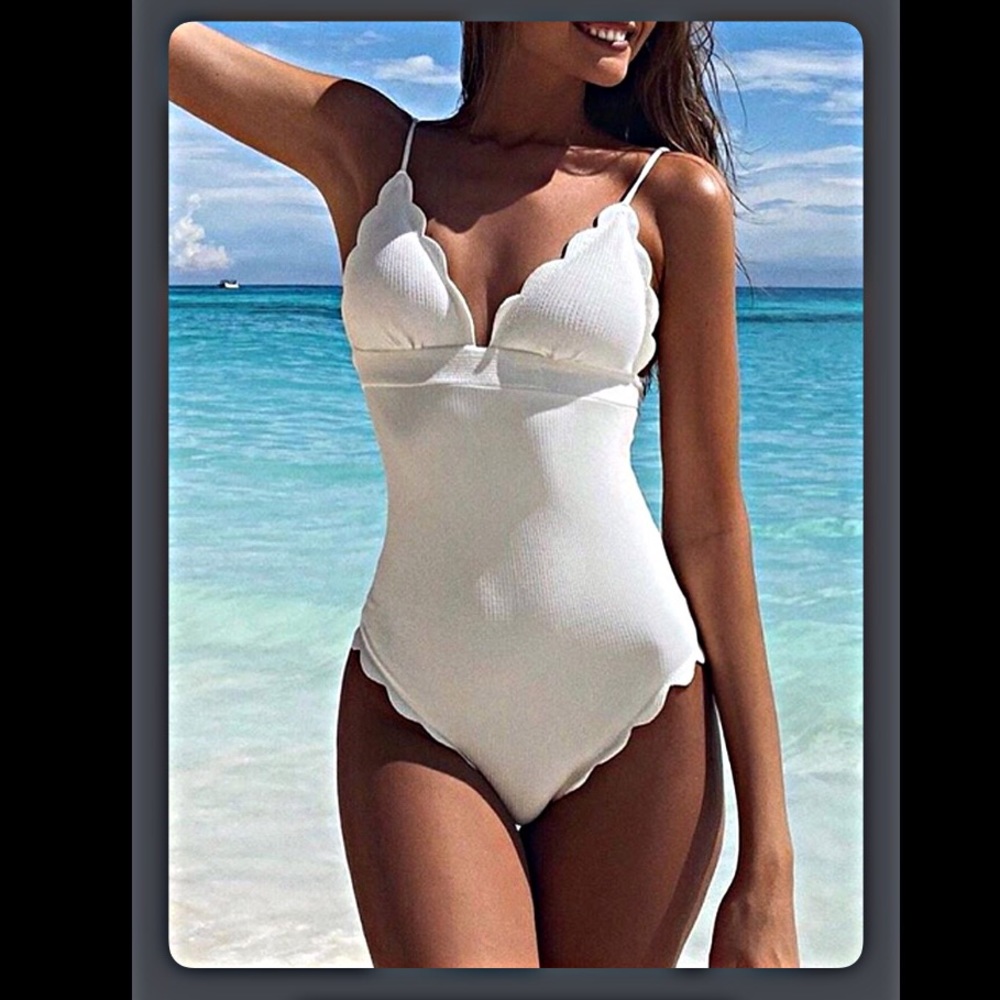White Ribbed One-Piece Scalloped Swimsuit.